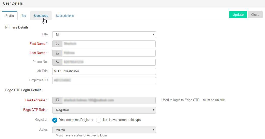 EdgeCTP User Details - choose Signatures tab