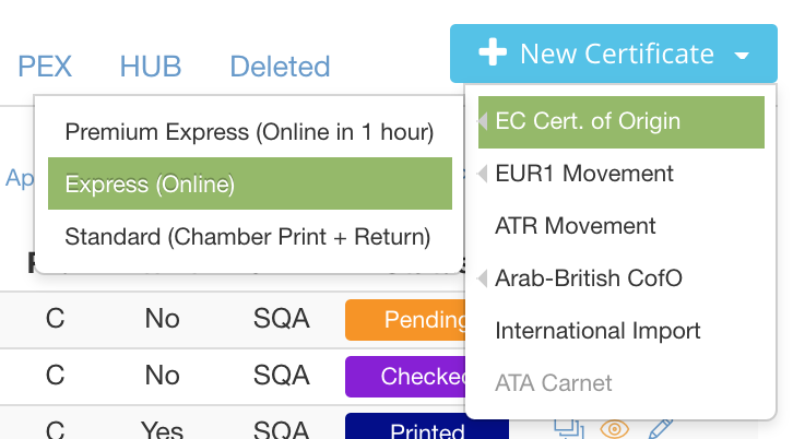 Choosing en Express EC Certificate of Origin