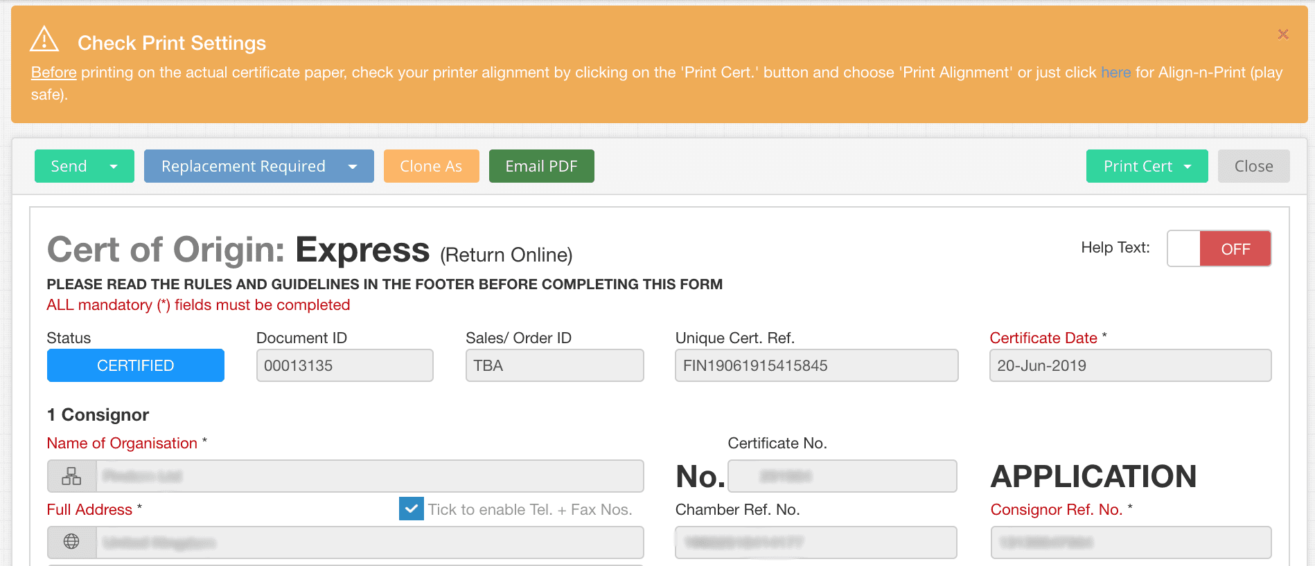 Cert of Origin: Express
