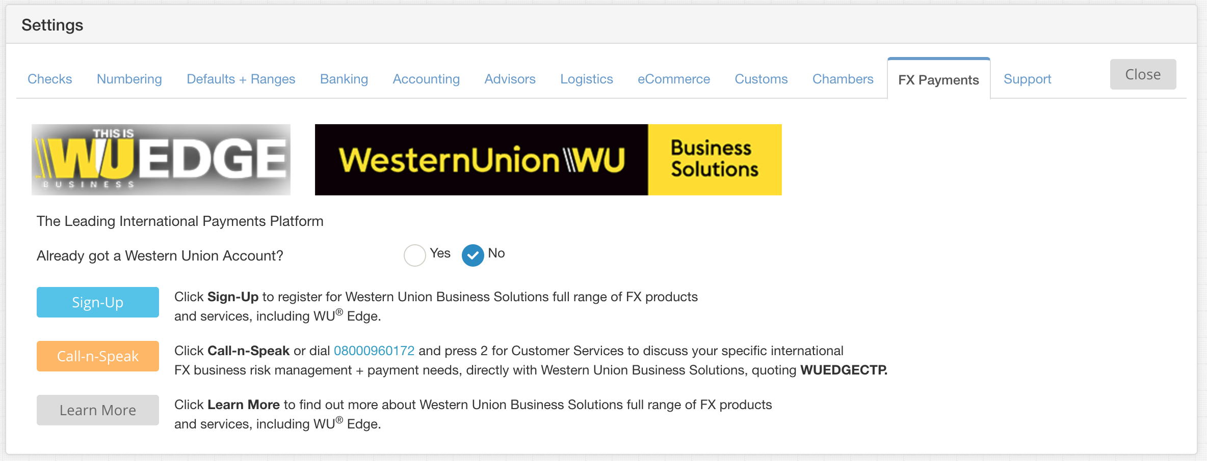 EdgeCTP FX Payments Settings for Western Union EDGE
