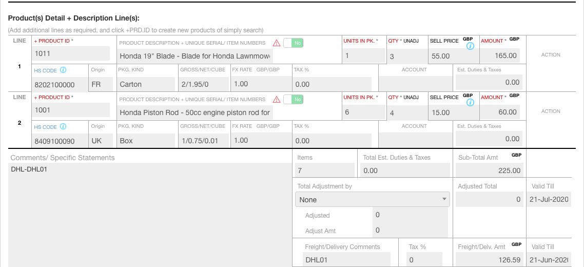 Commercial Invoice line-item-products