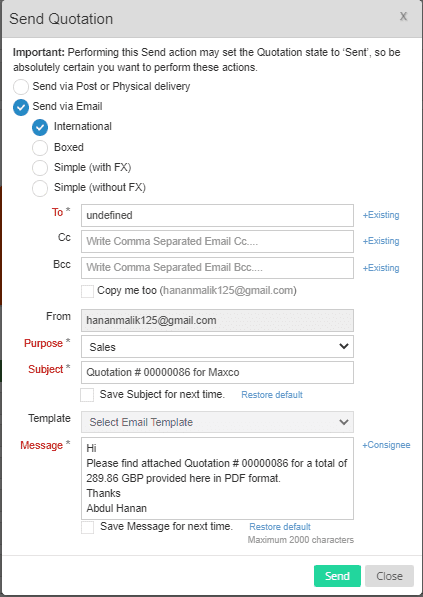 Sending Quotation Form