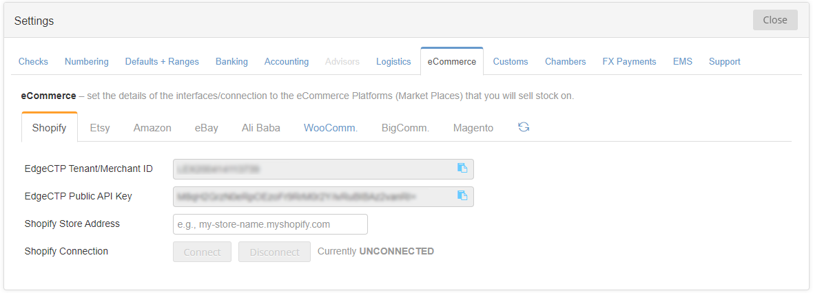 Ecommerce shopify api key setting