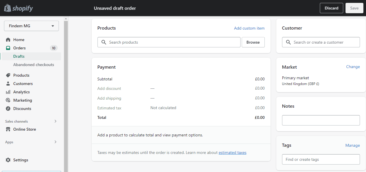Create Order Dashboard
