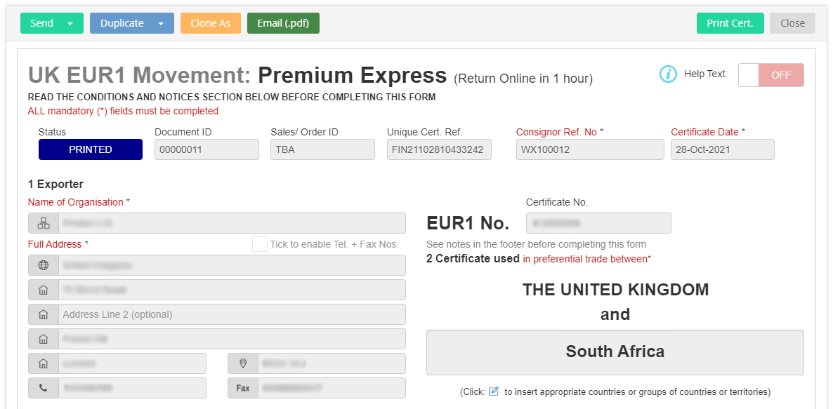 UK EUR1 Movement Certificate