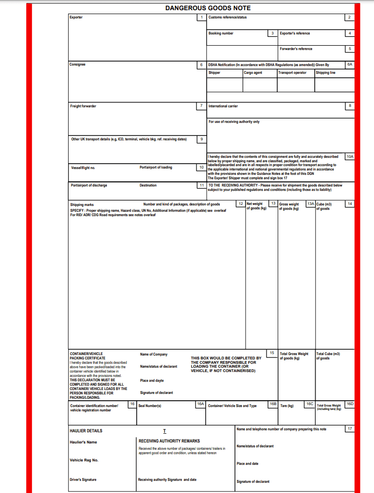 Dangerous Goods Note (DGN) Form Example